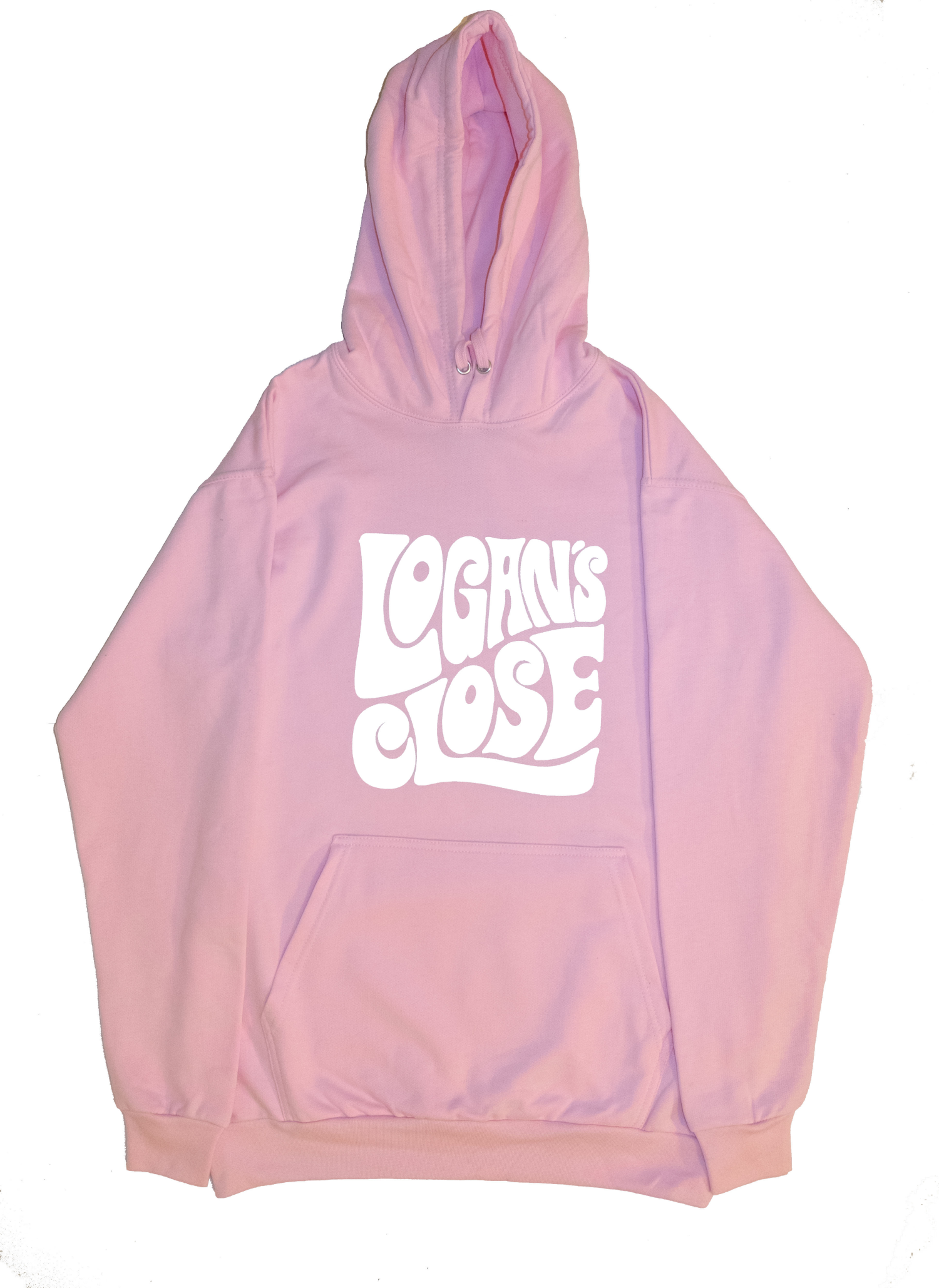 Pink hoodie with Logan's Close logo.
